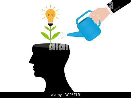 Hand Watering Plant in Human Head. Self Improvement, Self Investment or Growth Mindset  Concept. Vector Illustration. Stock Vector