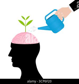 Watering Brain. Self Improvement or Growth Mindset  Concept. Vector Illustration. Stock Vector