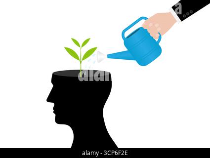 Hand Watering Plant in Human Head. Self Improvement, Self Investment or Growth Mindset  Concept. Vector Illustration. Stock Vector