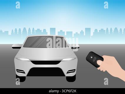 Hand Pressing Car Key Remote Control to Lock or Unlock Car. Car Alarm System. Vector Illustration. Stock Vector