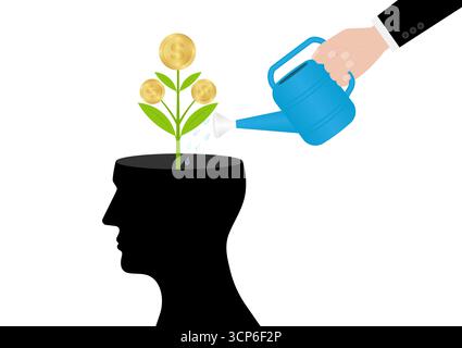 Hand Watering Plant in Human Head. Self Improvement, Self Investment or Growth Mindset  Concept. Vector Illustration. Stock Vector