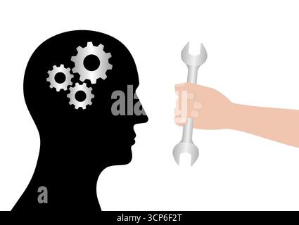 Human Head with Gear or Cogwheels and Hand Holding Wrench. Brain Treatment or Brain Repairing Concept. Vector Illustration. Stock Vector