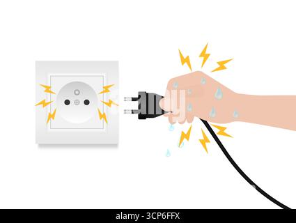 Wet Hand Holding Plug which can cause Electric Shock. Do not use Electricity with Wet Hand. Electricity Short Circuit. Vector Illustration. Stock Vector