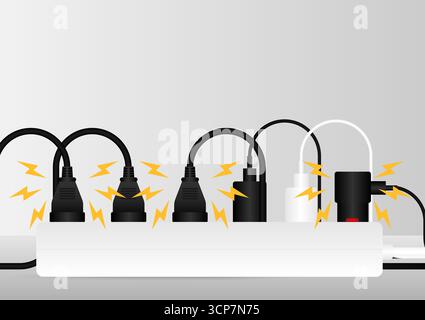 Overload Electric Plugs and Power Outlet. Electricity Short Circuit. Electric Shock. Broken Electric Socket with Spark. Vector Illustration Stock Vector