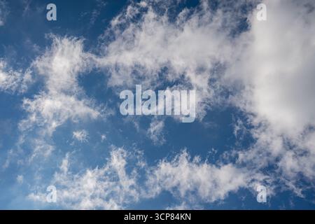 Blue sky filled with scattered fluffy clouds, natural weather and environment background for calmness and relaxation. Stock Photo