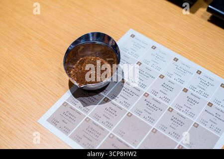 TOKYO, JAPAN- OCTOBER 27, 2024: Horizontal picture of ground roasted coffee beans with menu showing variaties of coffees at Mameya Koffee shop, an spe Stock Photo