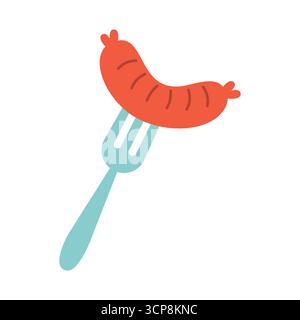 Sausage and fork. Isolated white background. Flat style vector illustration. Stock Vector