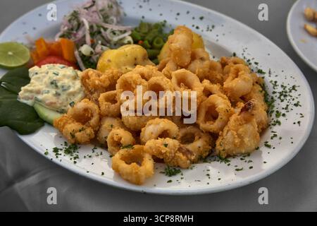 Peruvian Chicharrón de Calamar is a delightful dish featuring deep-fried calamari, often served as an appetizer or snack. It's known for its crispy te Stock Photo