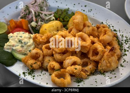 Peruvian Chicharrón de Calamar is a delightful dish featuring deep-fried calamari, often served as an appetizer or snack. It's known for its crispy te Stock Photo