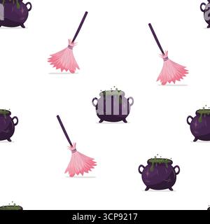 Seamless Halloween pattern with witch cauldrons and pink brooms Stock Vector