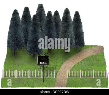 Black mailbox on a stand for receiving and sending mail at the end of the driveway Stock Photo