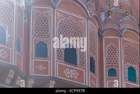 Close-Up Detail of the Iconic Terracotta-Pink Hawa Mahal Facade Stock Photo