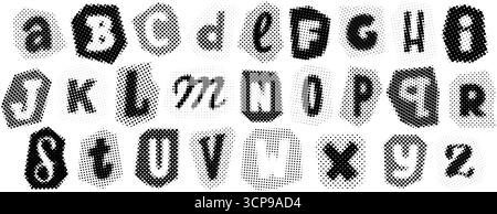 Black halftone alphabet. Retro pixelated letters design. Comic pop art cut out font. Rasterized bitmap English alphabet. Old fashioned newspapers typography set. Vector aged textured dotted abc pack Stock Vector