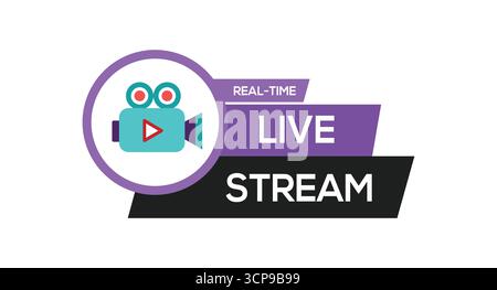 Real time live stream badge with camera icon, online broadcasting and digital media streaming concept Stock Vector