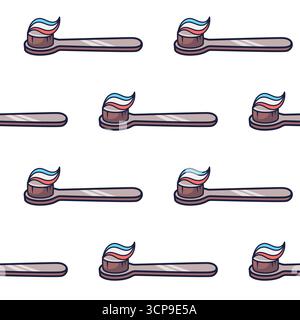 Cartoon bright toothbrush with toothpaste on it seamless pattern. Vector doodle illustration isolated on white. Oral hygiene concept. Dental cleaning tool texture Stock Vector