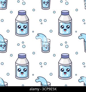 Mouth hygiene kawaii seamless pattern. Stomatology concept illustration. Bottle of water with glass textile design. Oral hygiene textile design. Dental cleaning cosmetic. Vector. Drink more water. Stock Vector