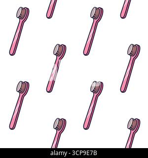Cartoon bright pink toothbrush seamless pattern. Vector doodle illustration isolated on white. Oral hygiene concept. Dental cleaning tool texture Stock Vector