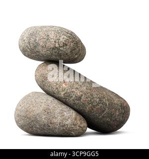 three granite stones with natural textured surface of different sizes, stacked in balanced composition isolated white background, stability, harmony Stock Photo