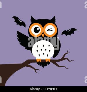 Whimsical halloween owl with bats on a branch spooky fun illustration vector Stock Vector