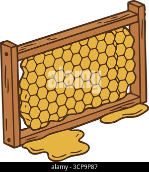 Flat illustration of a wooden beehive frame filled with golden honeycomb cells and honey dripping along the bottom. Stock Vector