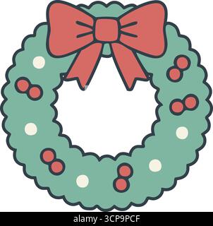A ring of textured greenery accented by a large bow and tiny berries for door decoration Stock Vector