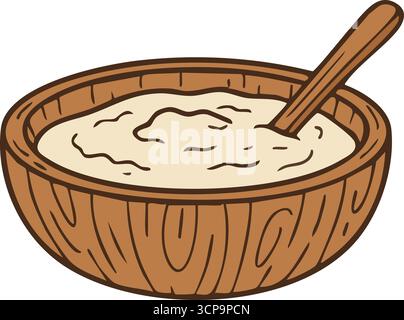 A round carved bowl holds creamy rice pudding being stirred with a short wooden spoon Stock Vector