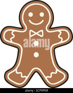 Iced gingerbread shaped like a cheerful person with buttons and trim outlined in white Stock Vector