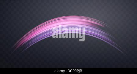 Glowing pink and purple lines. Dynamic neon realistic energy speed wave. Abstract curve twirl light effect on a dark background. Vector illustration. Stock Vector