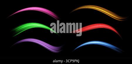 Glowing lines of different colors. Dynamic neon realistic energy waves. Abstract curved light effect on dark background. Vector illustration. Stock Vector
