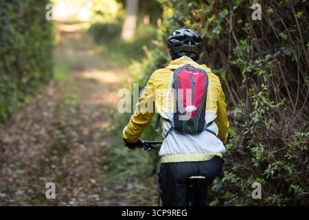 Middle-aged male cyclist pedaling mountain bike wearing helmet, jacket and backpack on leafy trail Stock Photo