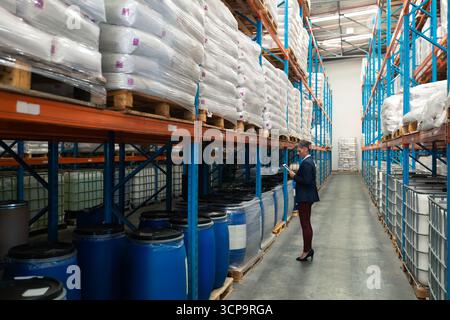 Mature adult female supervisor wearing blazer inspecting pallets using tablet in aisle, copy space Stock Photo