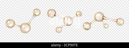 Glossy chemical molecules with atom connections - 3d spheres linked by bonds for science visualization. Transparent bubble particles in molecular chains for educational or cosmetic graphics. Stock Vector