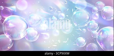 Sparkle bubble fantasy background with iridescent spheres, blue purple pink gradient for magical designs. Dreamy bokeh effects with light rays, glowing orbs and cosmic dust glowing particles. Stock Vector
