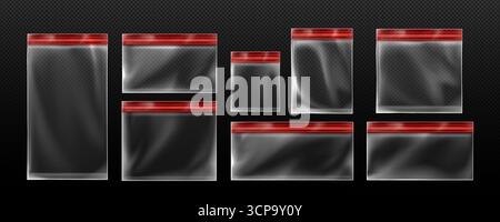 Zip lock bag set with transparent plastic pouches and red seal strips for storage. Various sizes of resealable containers for food or small items. Empty packaging mockups with airtight closure system. Stock Vector