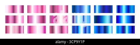 Hologram gradient set with metal frame textures for modern design elements. Pink and blue iridescent rectangles with glossy finish for background or overlay. metallic swatches with reflective surface Stock Vector
