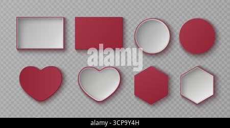 Realistic red box mockup shapes from top perspective - rectangular, circular, heart and hexagonal containers with white interiors. Gift packaging templates for holiday or valentine presentations. Stock Vector