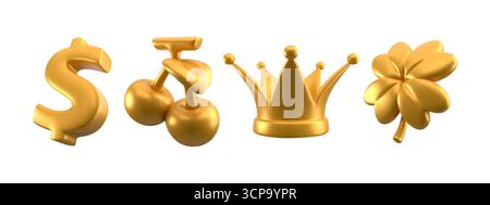 3D casino icon set with golden dollar sign, cherry slots, crown and clover for gambling games. Metallic glossy luxury symbols and fortune elements for betting apps or jackpot online gaming platforms Stock Vector
