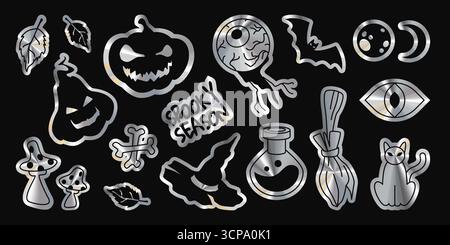 Holographic Halloween stickers with metallic pumpkin, eyeball and bat, moon and witch spooky elements. Silver gradient icons with mushrooms, potion bottle, broom and cat. October party assets Stock Vector