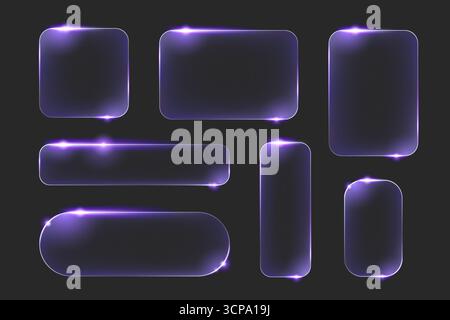 Neon glass frame set with purple glow effects and rounded corners for modern UI design. Dark transparent panels with bright edge lighting and various rectangular shapes. Futuristic buttons or banners Stock Vector