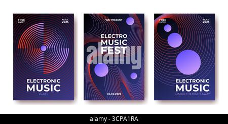 Electro music sound festival posters with circular waves and purple spheres for dance events - vibrant gradient shapes on dark bg. Electronic party flyer with rhythmic patterns for nightclub promotion Stock Vector