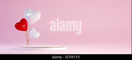 Glossy 3d heart balloons with white podium and golden strings - red and pearl shapes floating above circular platform on pink background. Romantic display for Valentine or wedding presentations. Stock Vector