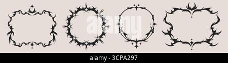 Tribal tattoo frames set isolated on background. Vector design of round and rectangular borders with black spikes, swirling thorns, gothic patterns for streetwear ornament, abstract grungy elements Stock Vector