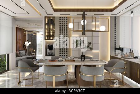 Opulent Contemporary Dining Room Interior with Geometric 3D Wall Panel, Marble Table, and Unique Gold Chandelier - 3D Render Stock Photo