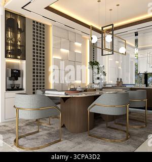 Luxurious Modern Dining Area with Oval Table, Geometric 3D Accent Wall, and Contemporary Gold and Black Chandelier Stock Photo