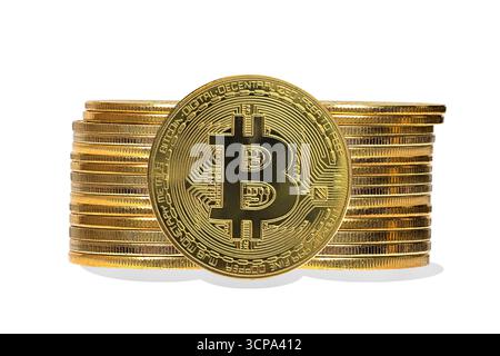 Group of Gold Bitcoin symbol a modern digital crypto currency on cyber world, to use online business and exchange for cash Stock Photo