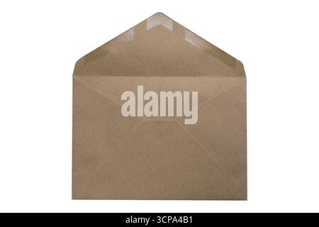 Back of empty brown envelope on open, isolated on white background Stock Photo