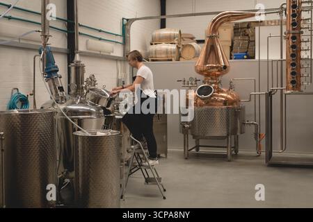 Mature female distillery worker standing on stool adjusting tank valves, copper still at distillery Stock Photo