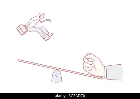 Great start and innovation concept. Young smiling businessman jumping from swing with human hand making push from another side vector illustration Stock Vector