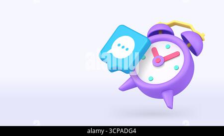 Blue message icon paired with purple alarm clock representing punctual alerts, digital reminders, messaging, and productivity systems. 3d realistic ic Stock Vector