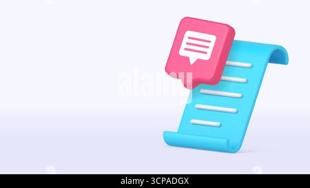 Blue scroll icon with speech bubble symbolizing communication, organization, planning and conversation in digital workspace or mobile interface. 3d ic Stock Vector